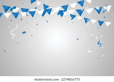 Party Flag With Many Falling Blue and White Tiny Confetti And Streamer Ribbon isolated White Background. Celebration Event. Multicolored. Vector