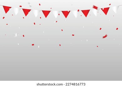 Party Flag With Many Falling Red Confetti Isolated On White Background. , Switzerland, Indonesia, Singapore, Turkey, Japan Flag Color Concept Vector Illustration
