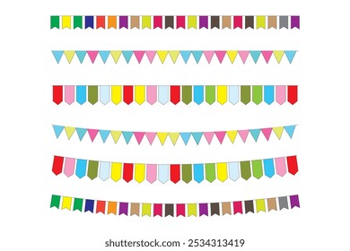 Fondo de banderas de fiesta con Ilustración vectorial. Banderines coloridos decorativos de la fiesta para la celebración del cumpleaños. Decoración para carnaval, vacaciones y festival. Elementos de Vector.