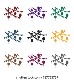 Party flags and balloons icon in black style isolated on white background. Event service symbol stock vector illustration.