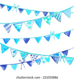 Party flags blue colorful watercolor garlands. Vector watercolor drawings on a white background