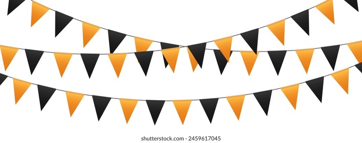 Party flags, bunting flags garland, orange and black pennants hanging on a rope. Halloween vector decoration.