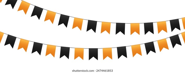 Banderas del partido, banderas con guirnalda, banderines anaranjados y negros colgados en una cuerda. Decoración de Vector de Halloween.