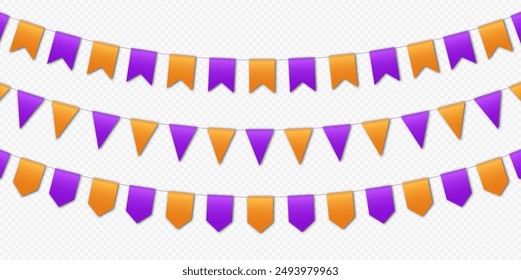 Banderas del partido, guirnaldas de banderas, banderines anaranjados y morados colgados en una cuerda. Decoración de Vector de Halloween.