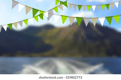Party flags celebrate abstract background and mountain landscape. Vector design