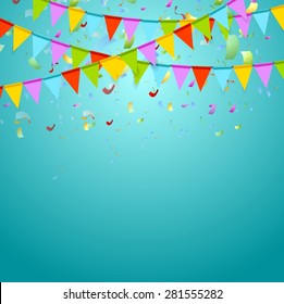 Party flags colorful celebrate abstract background with confetti. Vector design