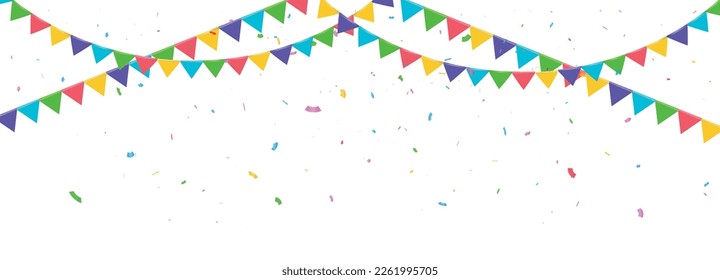 Party flags with confetti. Celebration banner event. Vector stock