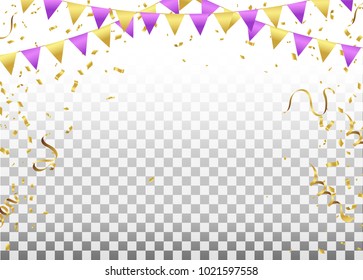 Party Flags With Confetti And Ribbons Falling On Transparent Background. Celebration Event & Birthday. Vector