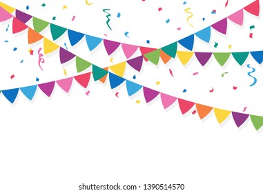 Party Flags with Confetti And Ribbons on white background, buntings garlands for birthday, carnival celebration. vector