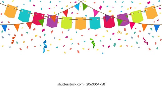 Party flags with confetti and ribbons on white background

