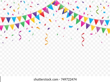 Party Flags with Confetti And Ribbons on transparent background, buntings garlands vector