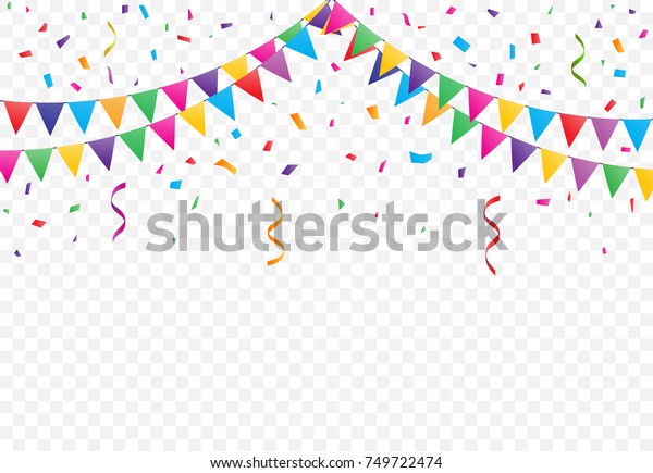 Party Flags with Confetti And Ribbons on\
transparent background, buntings garlands\
vector