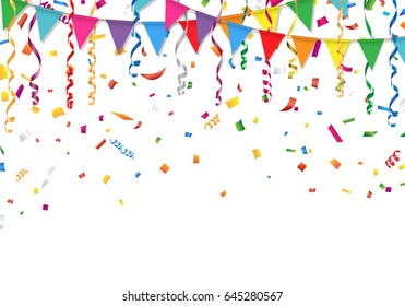 Party Flags With Confetti And Streamer. Vector Illustration.