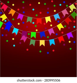 Party flags with confetti. Vector illustration.