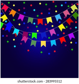 Party flags with confetti. Vector illustration.