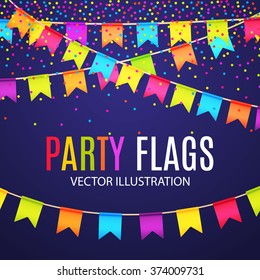 Party Flags Design with Confetti. Holiday Template. Vector illustration
