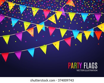 Party Flags Design with Confetti. Holiday Template. Vector illustration