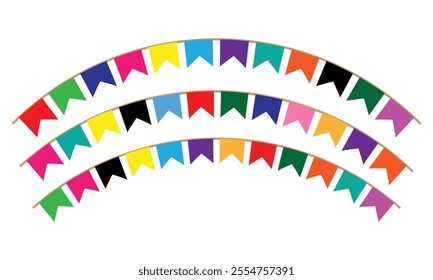 Party flags garlands set. Colourful vintage fabric party flag on white cement wall texture background. Decoration for carnival, birthday, holiday and festival. Vector illustration. EPS 10