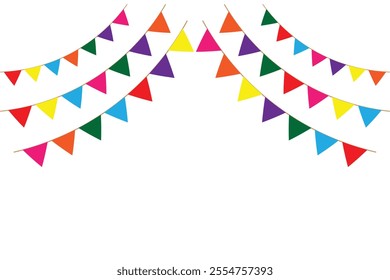Party flags garlands set. Decoration for carnival, birthday, holiday and festival. Colourful vintage fabric party flag on white cement wall texture background.  Vector illustration. EPS 10