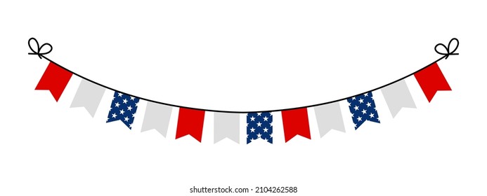 Banderas de fiesta guirnaldas sobre fondo blanco. Diseño de vacaciones. Fondo de vacaciones con banderas colgantes. Decorativos coloridos cánticos de fiesta para la celebración del cumpleaños, el festival y la decoración hermosa. Vector