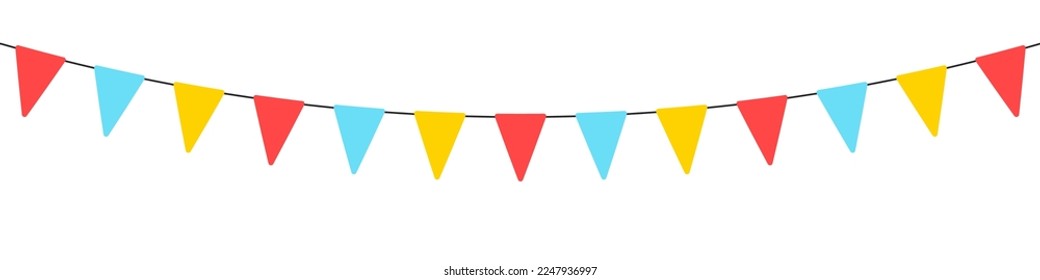 Party flags garlands set on white background. Holiday design. Holiday background with hanging flags. Decorative colorful party pennants for birthday celebration, festival and fair decoration