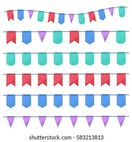 Party flags garlands set on white background. Holiday design. Vector.