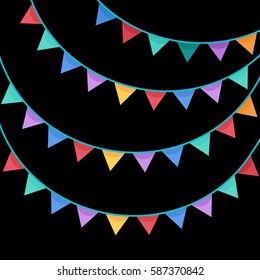 Party flags garlands set on dark background. Holiday design. Vector.