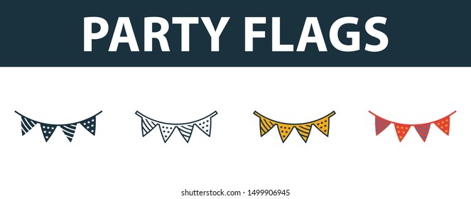 Party Flags icon set. Four elements in diferent styles from party icon icons collection. Creative party flags icons filled, outline, colored and flat symbols.