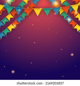 Party Flags With light bokeh color gradient Background. Celebration Event Birthday. Multicolored. Vector. Celebrate banner. Party flags with confetti. Vector illustration