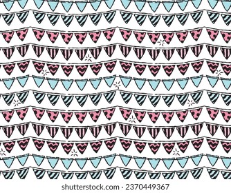 Party Flags pattern with doodles for holiday decoration. Line on a transparent background in color. Hand drawn sketch. Hand drawn vector illustration. Party drawing in doodle style. Carnival 