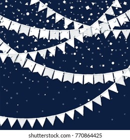 Party flags. Powerful celebration card. White paper holiday decorations and confetti. Party flags vector illustration.