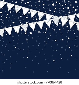 Party flags. Radiant celebration card. White paper holiday decorations and confetti. Party flags vector illustration.