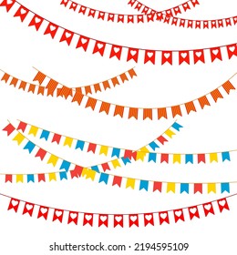 Party flags vector set. Colorful bunting and garlands. Celebration, birthday, holiday, fun, anniversary, decorative for halloween, Thanksgiving and christmas or new year 