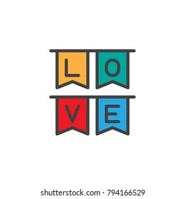 Party flags wth love text filled outline icon, line vector sign, linear colorful pictogram isolated on white. Valentines day symbol, logo illustration. Pixel perfect vector graphics