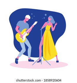 Party flat composition with view of stage with man playing guitar and singing woman vector illustration