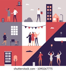 Party - flat design style conceptual illustration. Happy cartoon characters sharing presents, clanging glasses, dancing, singing, hugging. Colorful composition with