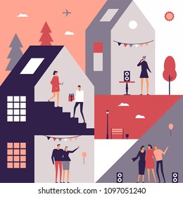 Party - flat design style conceptual illustration. Happy cartoon characters sharing presents, making selfie, dancing, singing, hugging. Colorful composition with house, trees, lantern. bench, balloons