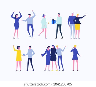 Party - flat design style set of isolated characters on white background. Happy standing people sharing presents, making selfie, dancing, clanging glasses, singing, hugging