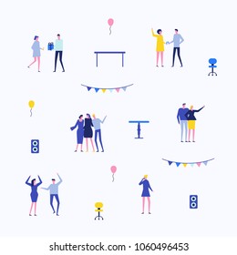 Party - flat design style set of isolated elements on white background for creating your own images. Happy cute characters celebrating an event. Garland, acoustic system, chairs, tables, balloons