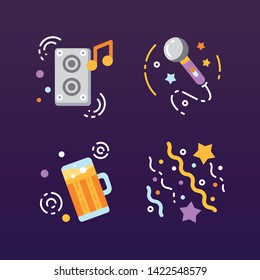 Party flat icons set. Celebration symbols: music, microphone, beer, confetti concept. Greeting. Night life. Signs for web page, mobile app, banner, social media.
