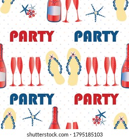 Party flip flop shoe seamless vector pattern background. Red, blue, white backdrop with text, sandals, champagne bottles, star fish. Geometric Americana color repeat for beach themed celebration