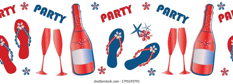 Party flip flop shoe vector border. Red, blue, white banner with text, sandals, champagne bottles, glasses, star fish. Lively Americana color design for beach or vacation themed celebration concept