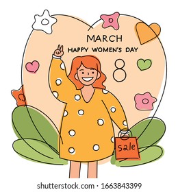 Party flyer, banner or template with young girl for International Women s Day celebration. Girl with shopping bags. Big sale, discount, advertising promo poster. Vector illustration. Eps10