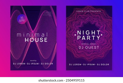 Volante de la fiesta. Evento Blue Edm. Vector del festival. Diseño de club nocturno. Invitación de audio Electrónica. Conjunto de sonido violeta. Elemento Electro de Música. Flyer de Fiesta Verde