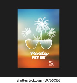 Party Flyer or Cover Design With Dancing Guys, Palms And Colorful Background