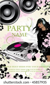 Party flyer with floral elements and a Girl-Dj. Vector illustration.