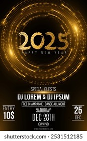 Party flyer for Happy New Year 2025. Golden handwritten calligraphy on glittering halftone background of sparkling dots. Night club Invitation to a music event. Vector illustration. EPS 10.