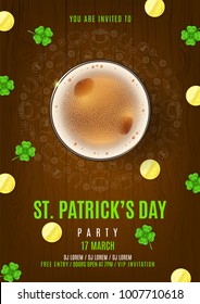 Party Flyer for Happy Saint Patrick's Day. Top View on Festive Composition with Beer Glass, Golden Coins and Clover Leaves on Wooden Texture. Vector Illustration. Invitation to nightclub.