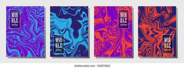 Party flyer or journal cover marble background patterns vector set. Hipster corporate brochure, booklet, magazine cover, party banner, poster,  journal background templates. Fluid marble.