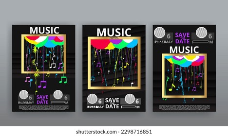 Party Flyer Music festival. Vector illustrations Cover, poster, design concept for Jazz or Electronic and Rock Music Fest. Musical melody, dance flow. Luxury background for song and  concert theme